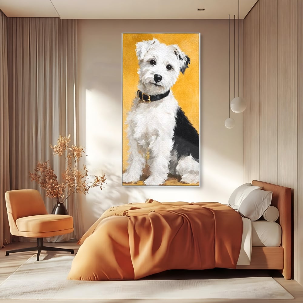 Tablou canvas cu tablou canvas cu un catel pufos, in rama de aluminiu argintiu, pe perete intr-un dormitor